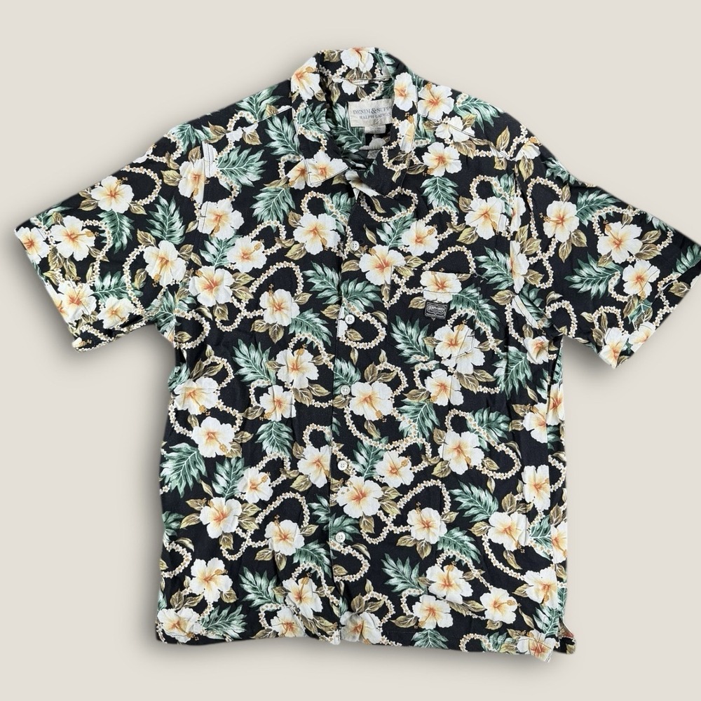 Denim & Supply Ralph Lauren Hawaiian Shirt Medium M Black Floral Viscose BoHo